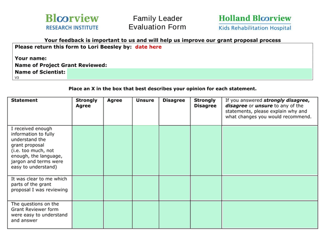 Family Leader Evaluation Form screenshot