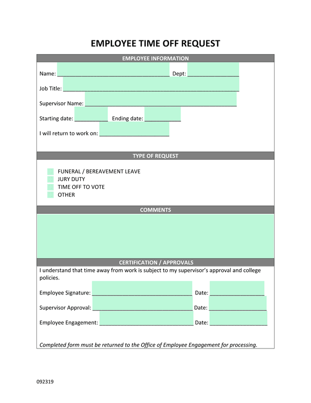 Employee Time Off Request screenshot