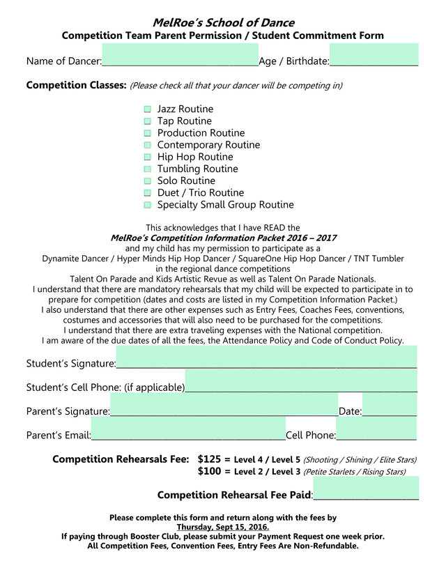 MelRoeS School Of Dance Competition Team Parent Permission  Student Commitment Form screenshot
