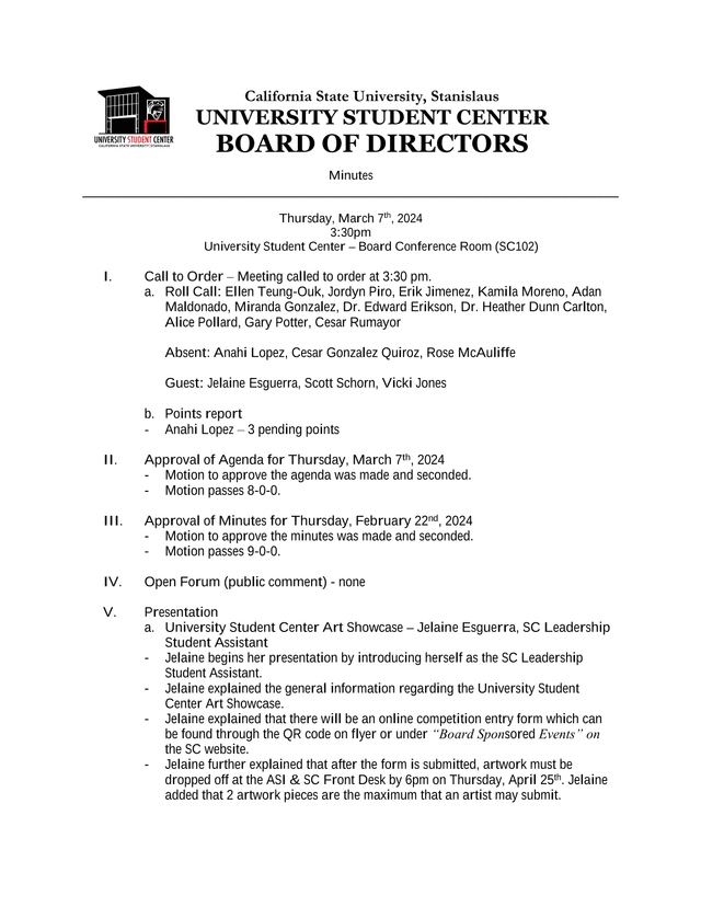 University Student Center Board Of Directors Minutes screenshot