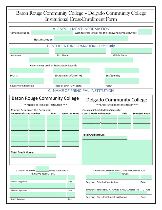Institutional Cross Enrollment Form screenshot