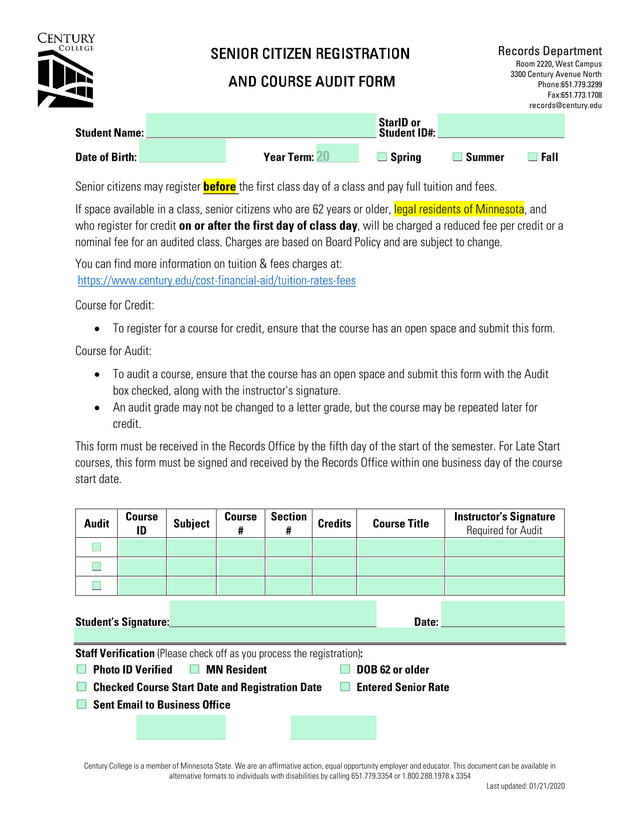 Senior Citizen Course Registration Form screenshot
