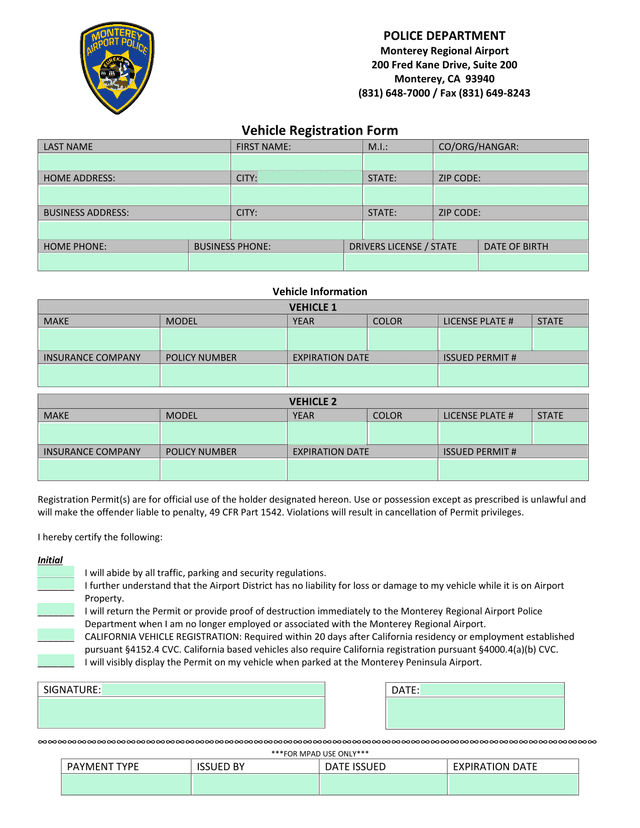 Vehicle Registration Form screenshot