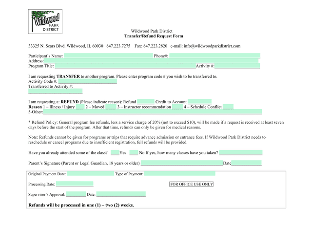 Wildwood Park District TransferRefund Request Form screenshot