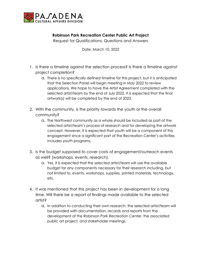 Robinson Park Recreation Center Public Art Project Request For Qualifications Questions And Answers screenshot