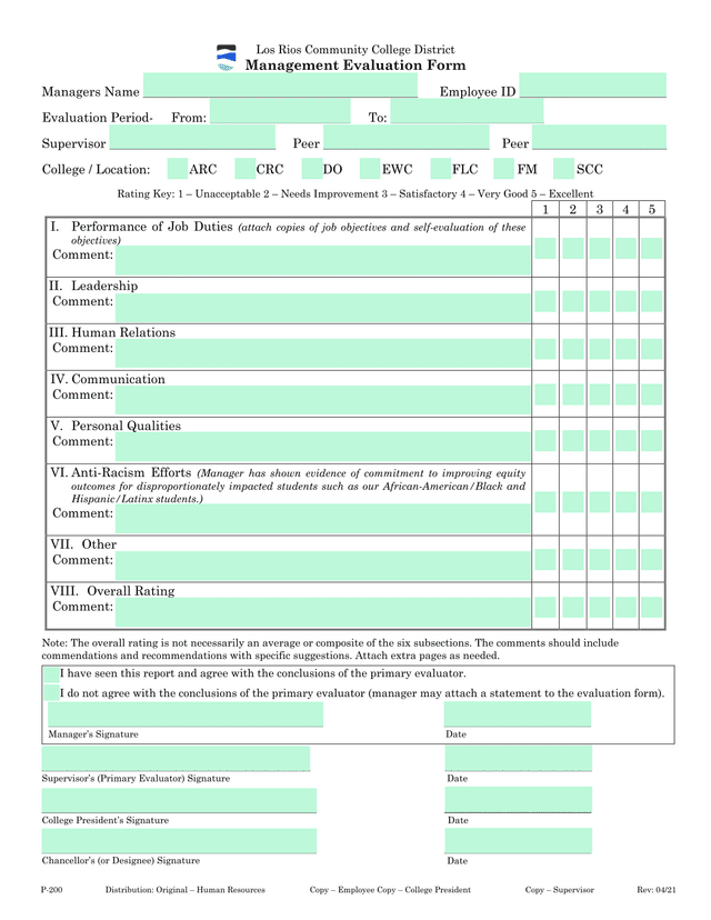 Management Evaluation Form screenshot