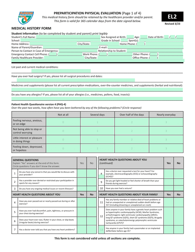 Medical History Form screenshot