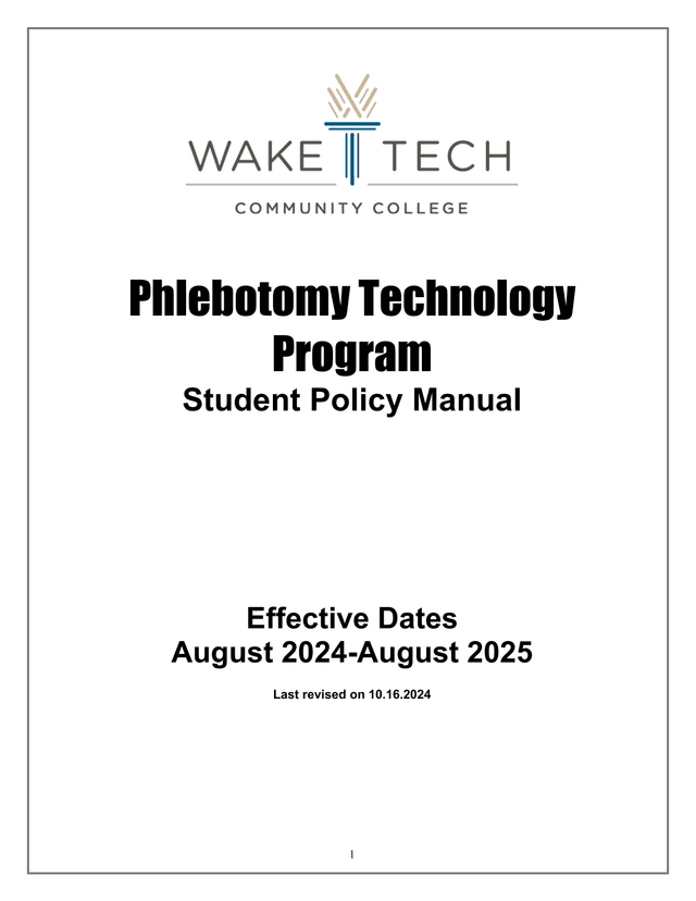 Phlebotomy Technology Program Student Policy Manual screenshot