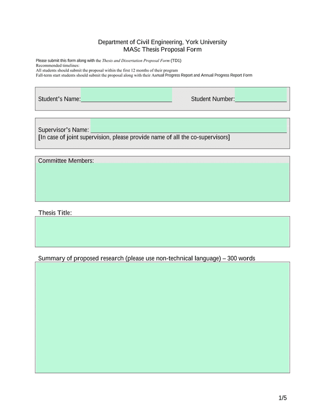 MASc Thesis Proposal Form screenshot