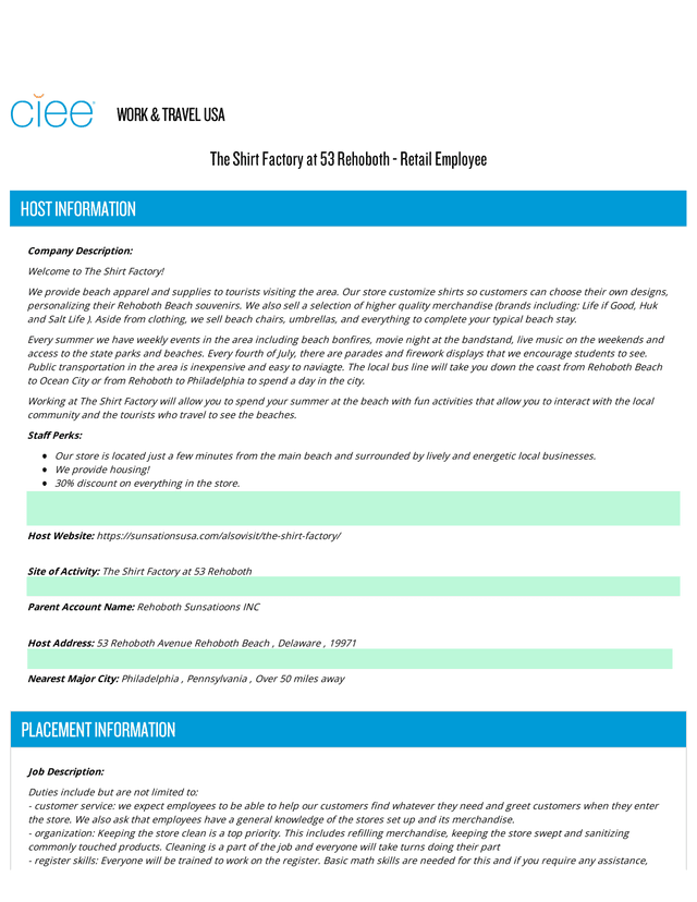Work  Travel USA   The Shirt Factory Placement Information screenshot