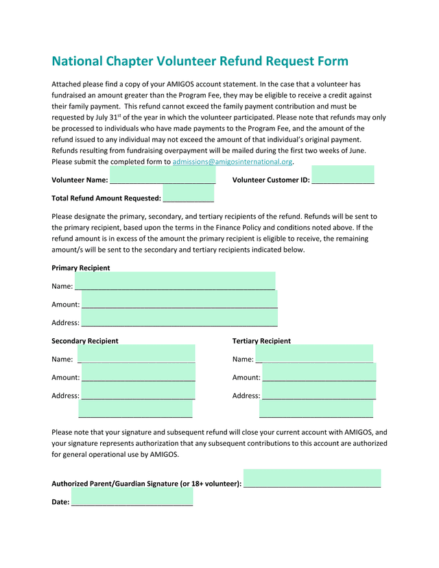 National Chapter Volunteer Refund Request Form screenshot