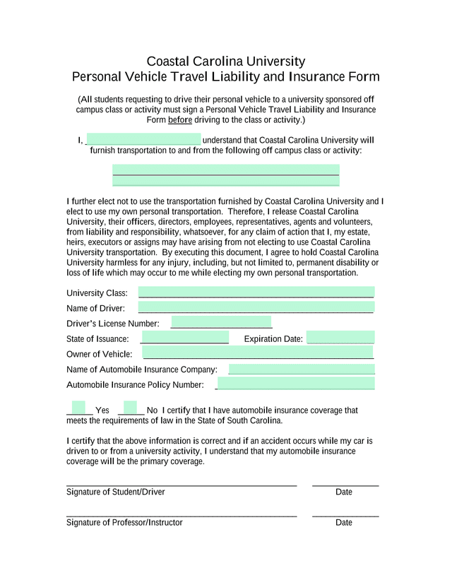 Personal Vehicle Travel Liability And Insurance Form screenshot