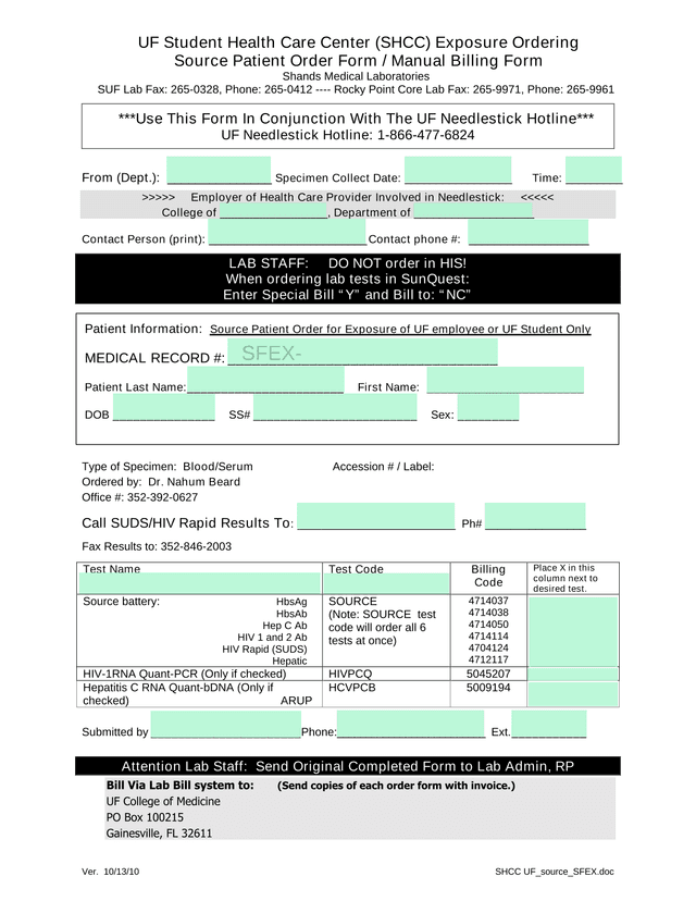 UF Student Health Care Center Exposure Ordering Source Patient Order Form screenshot