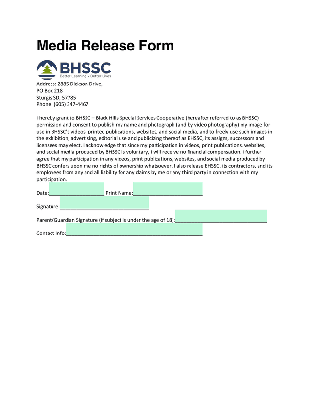 Media Release Form screenshot