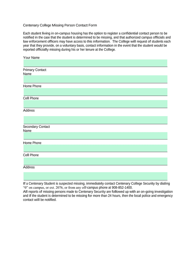 Centenary College Missing Person Contact Form screenshot