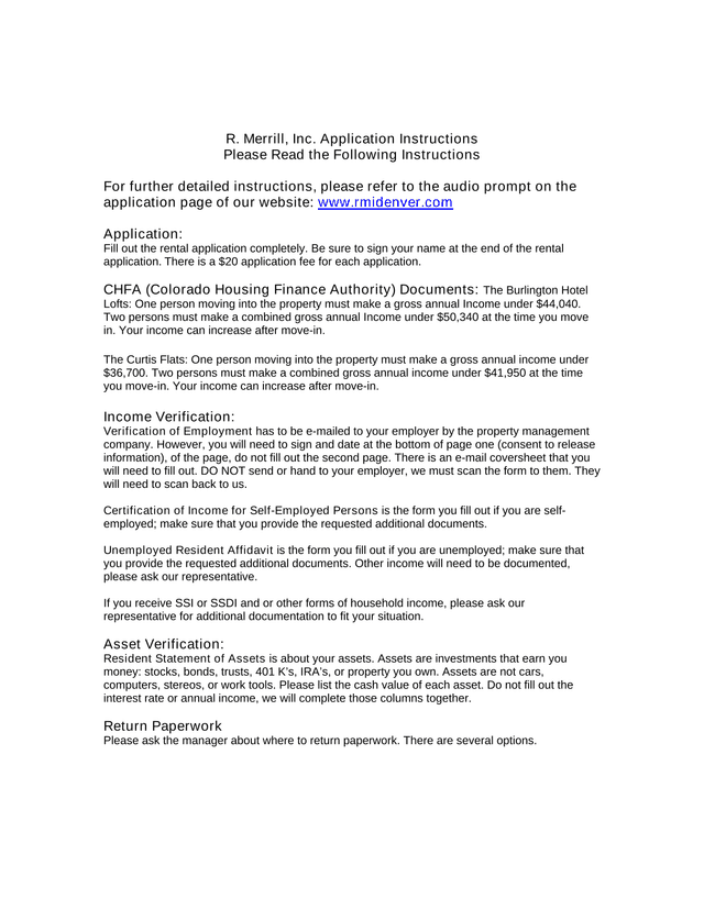 R. Merrill, Inc. Application Instructions screenshot