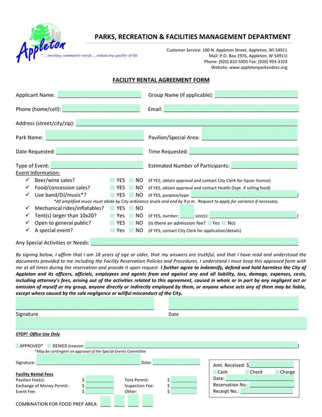 Facility Rental Agreement Form screenshot