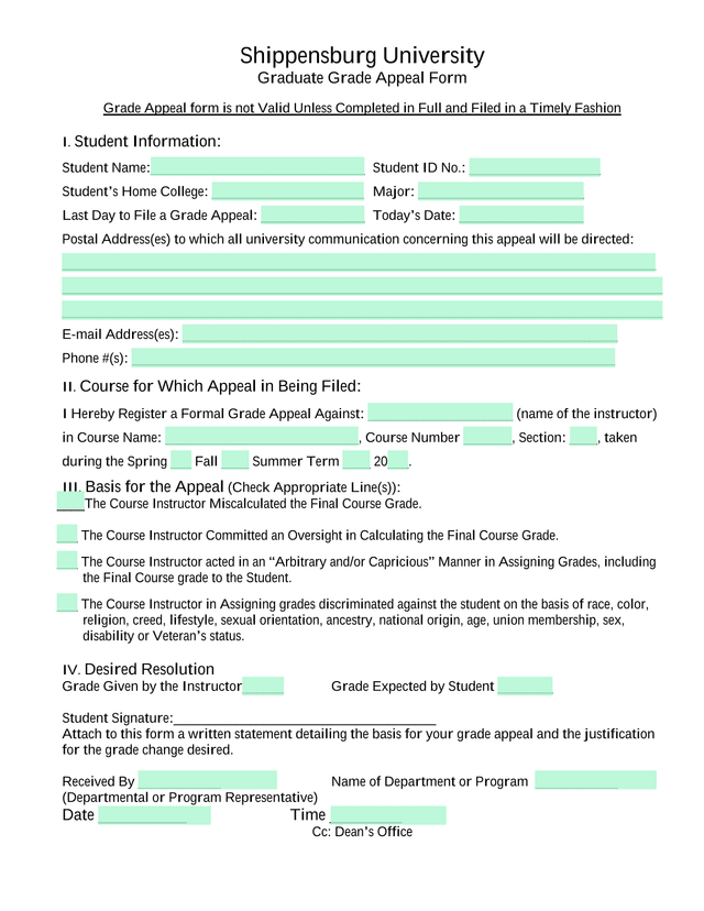 Graduate Grade Appeal Form screenshot
