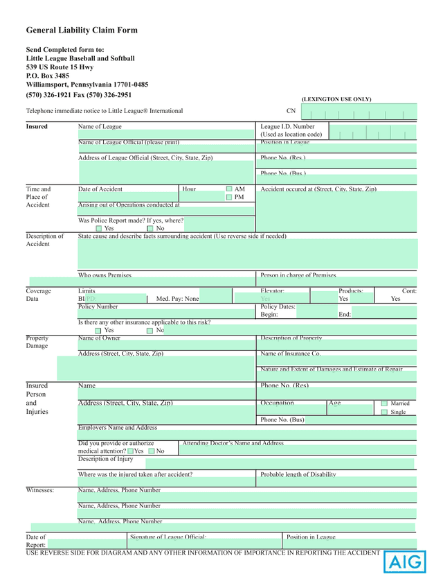 General Liability Claim Form screenshot