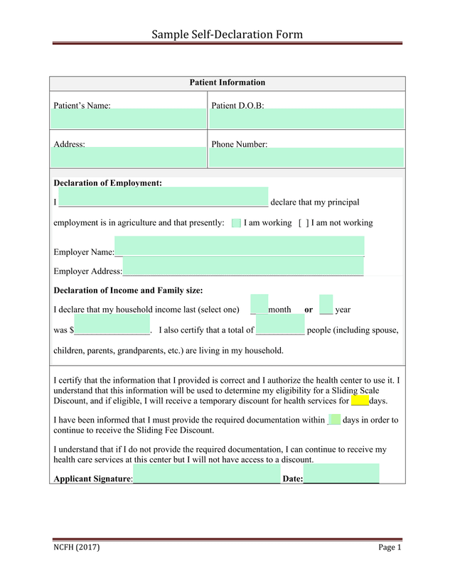 Sample Self Declaration Form screenshot
