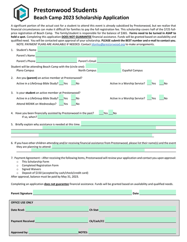 Beach Camp Scholarship Application screenshot