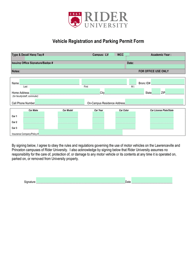 Vehicle Registration And Parking Permit Form screenshot