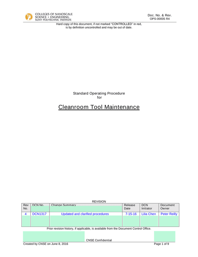 Standard Operating Procedure For Cleanroom Tool Maintenance screenshot