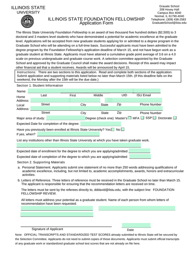 Illinois State Foundation Fellowship Application Form screenshot