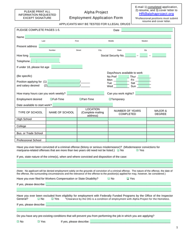 Alpha Project Employment Application Form screenshot