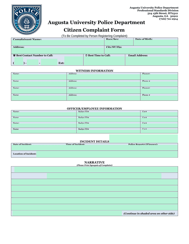 Augusta University Police Department Citizen Complaint Form screenshot