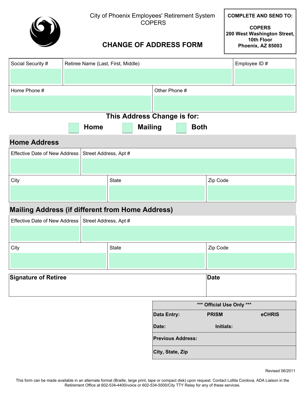 COPERS Change Of Address Form screenshot
