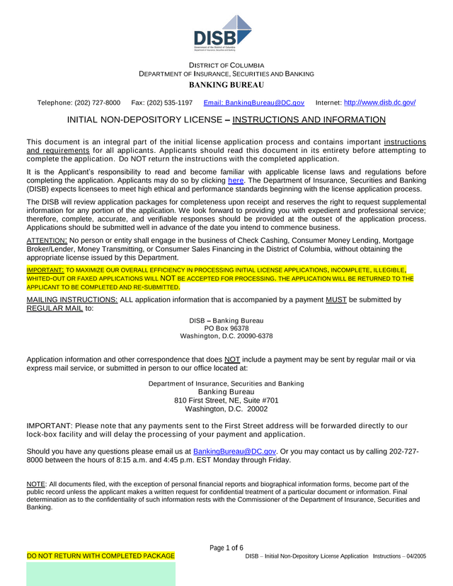 Initial Non Depository License  Instructions And Information screenshot