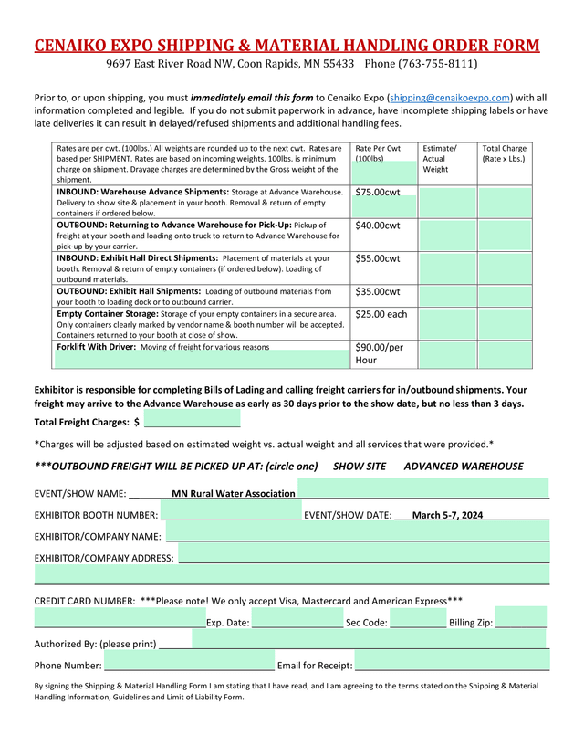 CENAIKO EXPO SHIPPING  MATERIAL HANDLING ORDER FORM screenshot