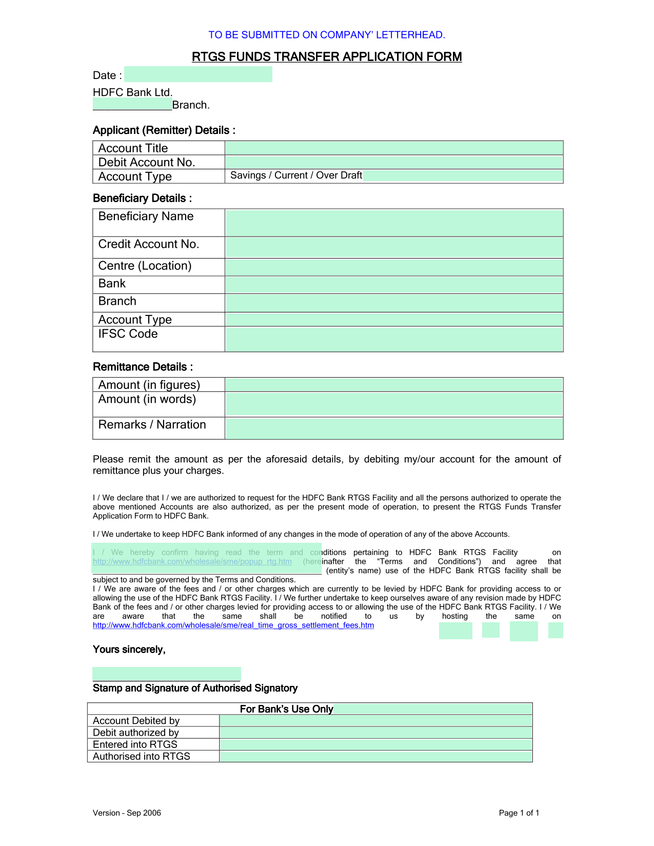 RTGS FUNDS TRANSFER APPLICATION FORM screenshot