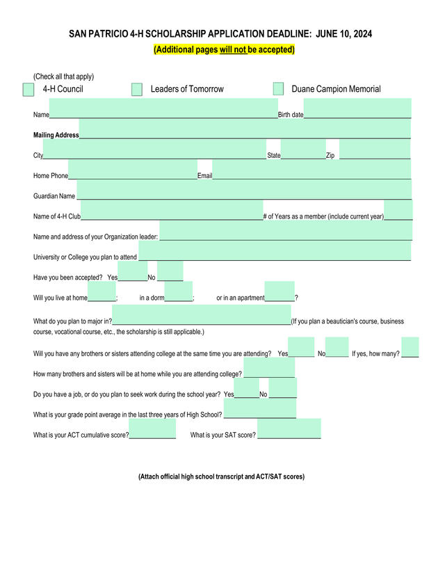 SAN PATRICIO 4 H SCHOLARSHIP APPLICATION screenshot