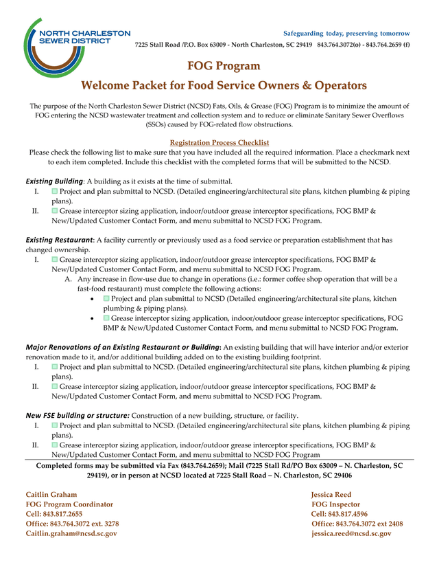 North Charleston Sewer District (NCSD) Fats, Oils,  Grease (FOG) Program Registration Process Checkl screenshot