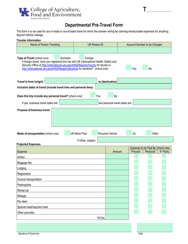 Departmental Pre Travel Form screenshot