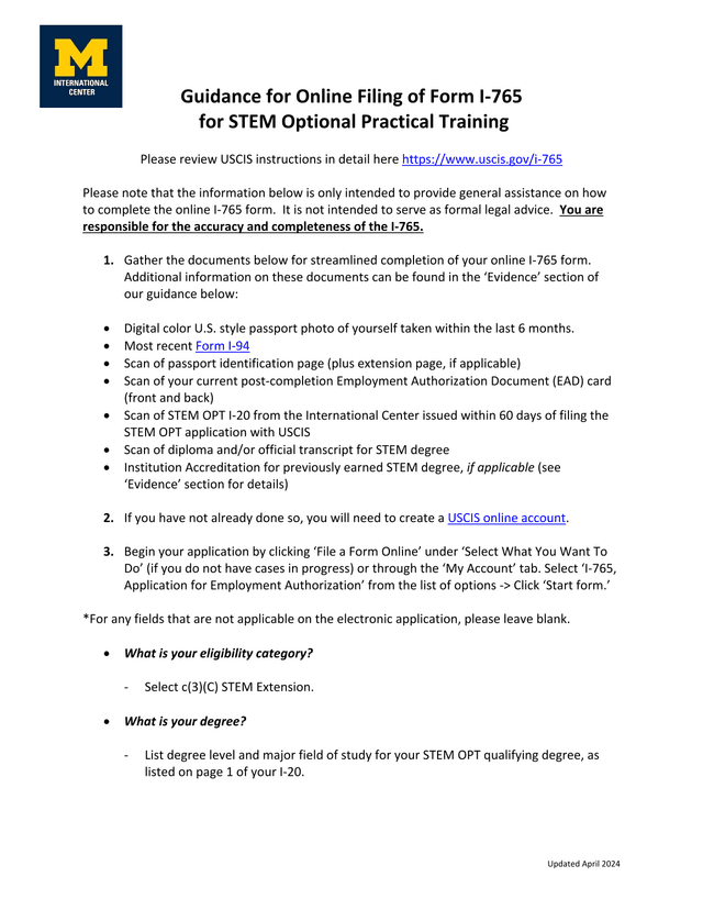 Guidance For Online Filing Of Form I 765 For STEM Optional Practical Training screenshot