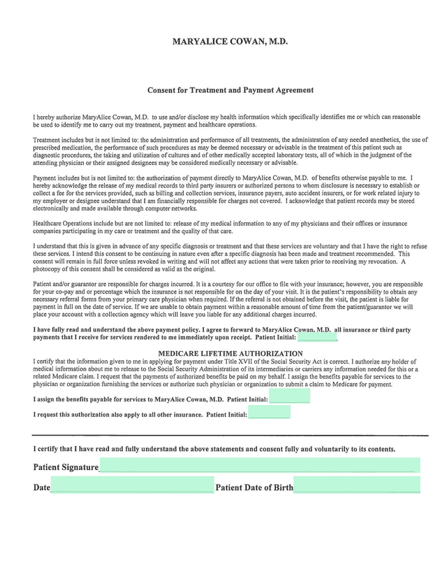 Consent For Treatment And Payment Agreement screenshot