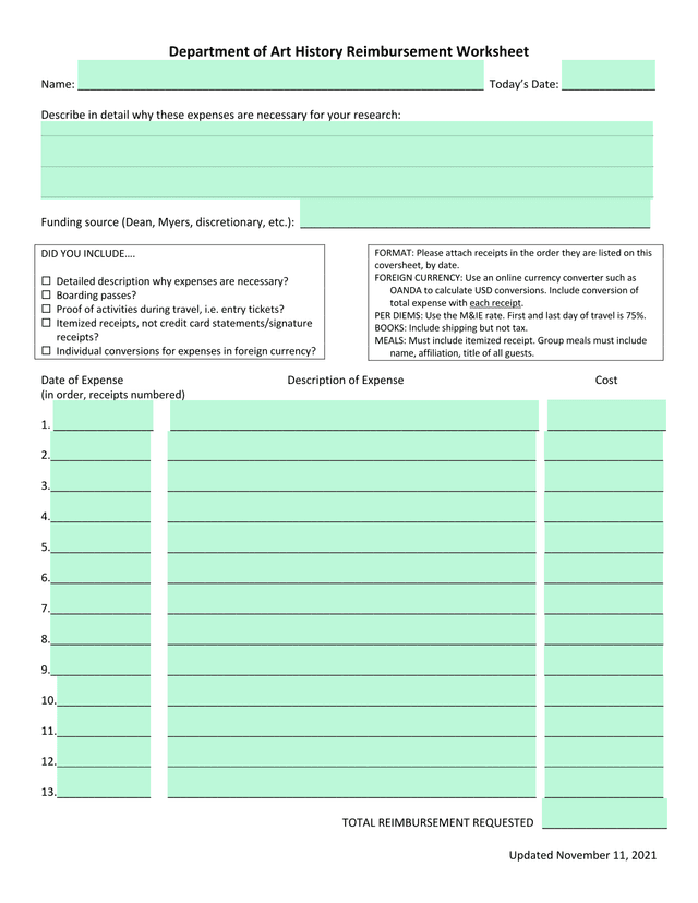 Department Of Art History Reimbursement Worksheet screenshot