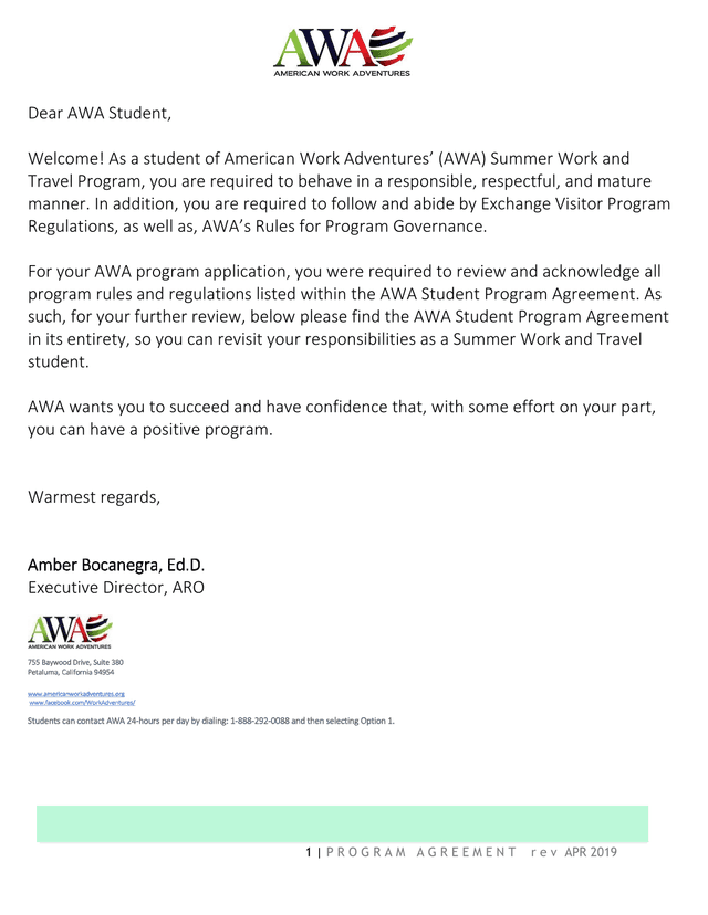 AWA Student Program Agreement screenshot