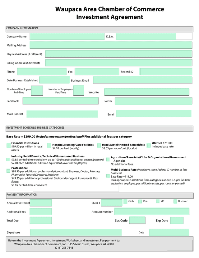 Waupaca Area Chamber Of Commerce Investment Agreement screenshot