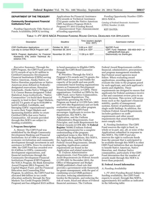 Notice Of Funds Availability (NOFA) For Native American CDFI Assistance Program FY 2015 Funding Roun screenshot