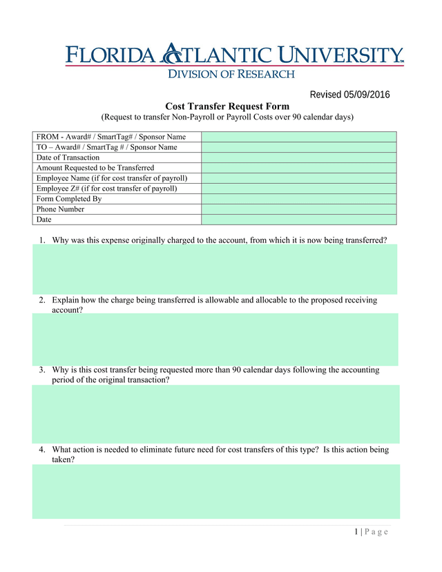 Cost Transfer Request Form screenshot