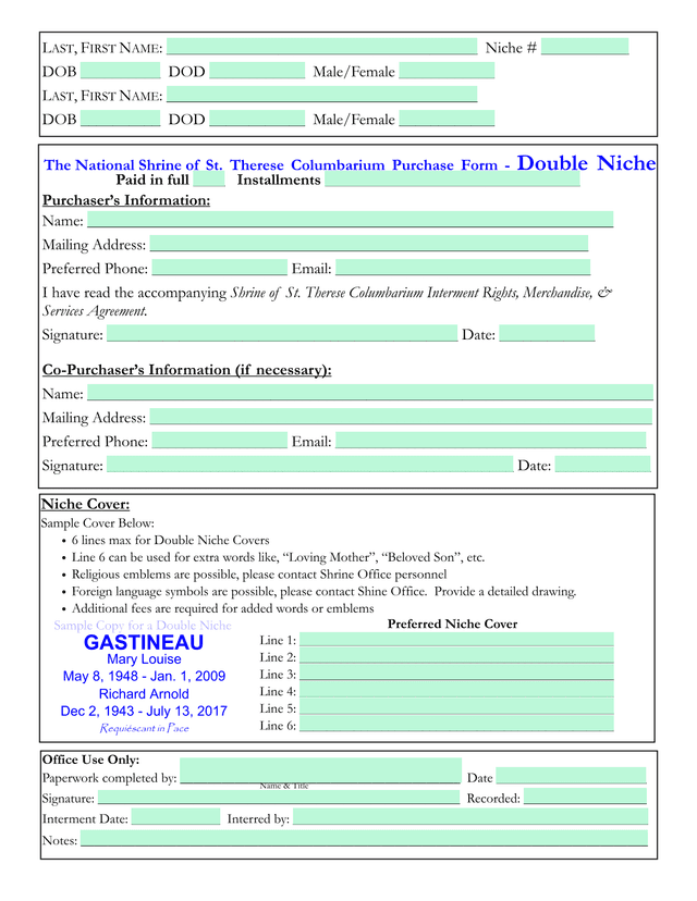 The National Shrine Of St. Therese Columbarium Purchase Form   Double Niche screenshot