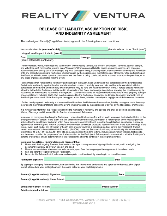 Release Of Liability, Assumption Of Risk, And Indemnity Agreement screenshot