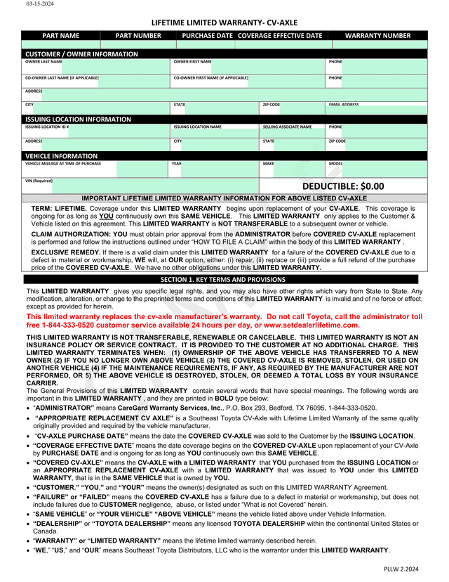 LIFETIME LIMITED WARRANTY  CV AXLE screenshot