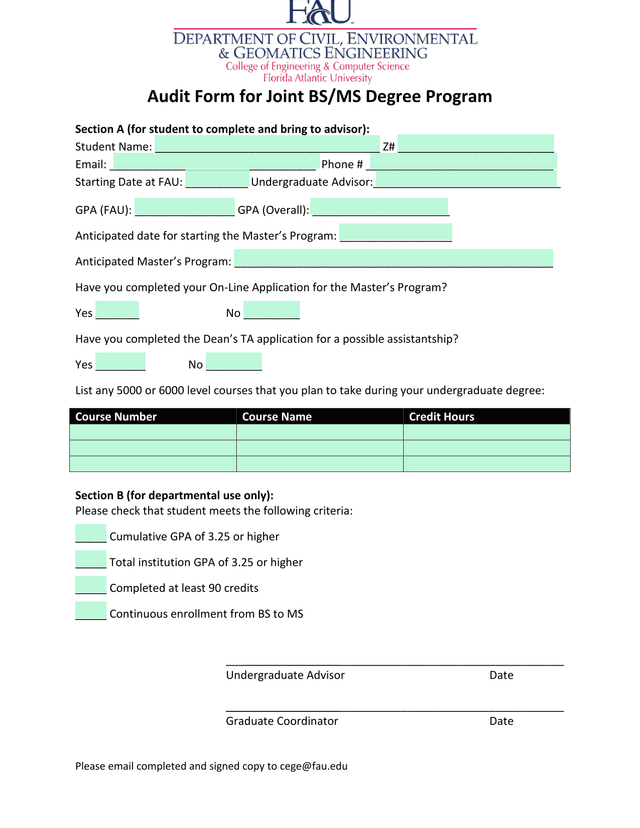 Audit Form For Joint BSMS Degree Program screenshot