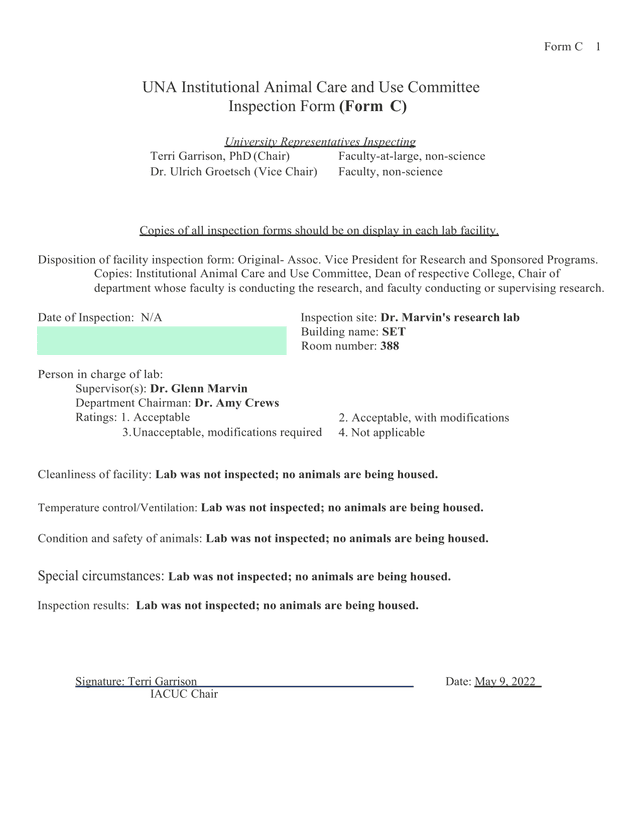 UNA Institutional Animal Care And Use Committee Inspection Form (Form C) screenshot