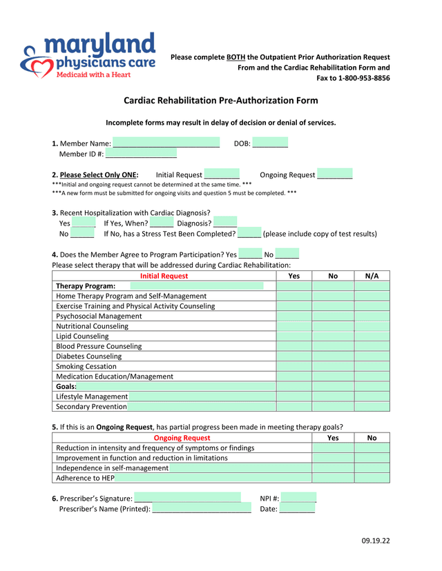 Cardiac Rehabilitation Pre Authorization Form screenshot